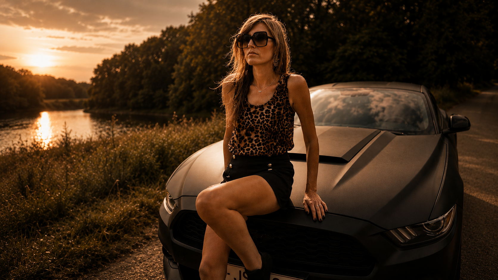 A woman wearing sunglasses and a leopard-print top sits on the hood of a black sports car outdoors at sunset, with trees and water in the background.