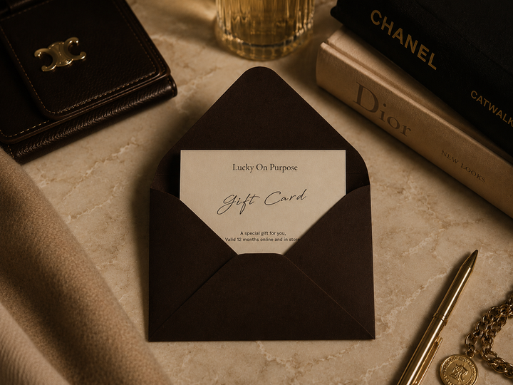 A dark brown envelope holding a white gift card with elegant script text, styled on a beige textured surface with luxury books, a leather wallet, a pen, and a coin nearby. Lucky On Purpose Jewelry Jewellery. 