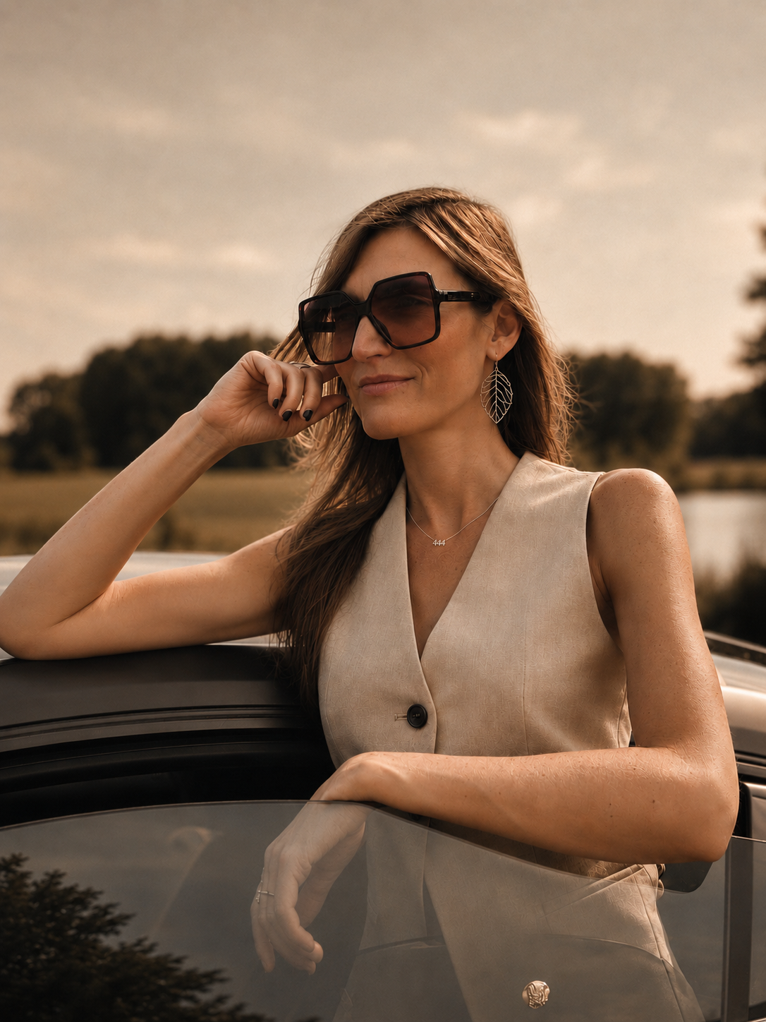 A woman wearing oversized square sunglasses and a sleeveless beige top leans against a car outdoors, with trees and a cloudy sky in the background. Lucky On Purpose Jewelry Jewellery. 444